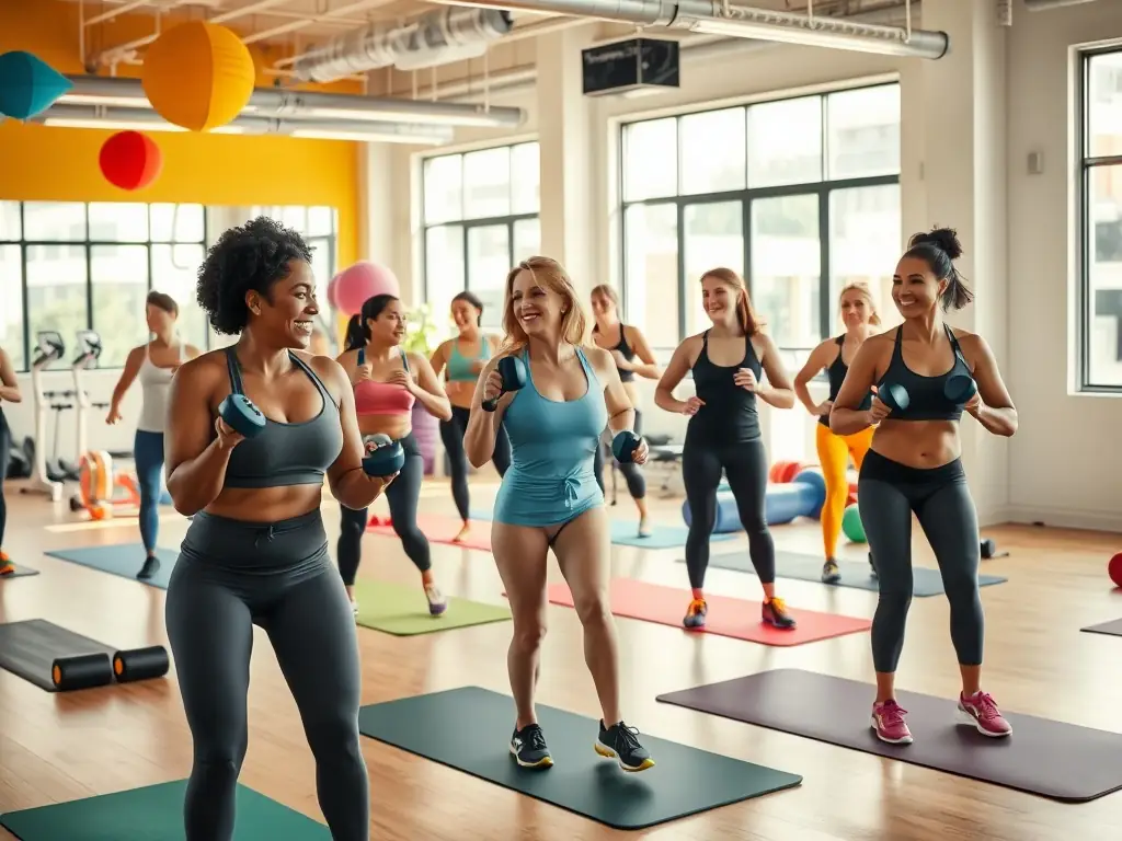 Adults participating in a gymnastics class, demonstrating flexibility and strength exercises, with a focus on fitness and well-being in a supportive and encouraging atmosphere.