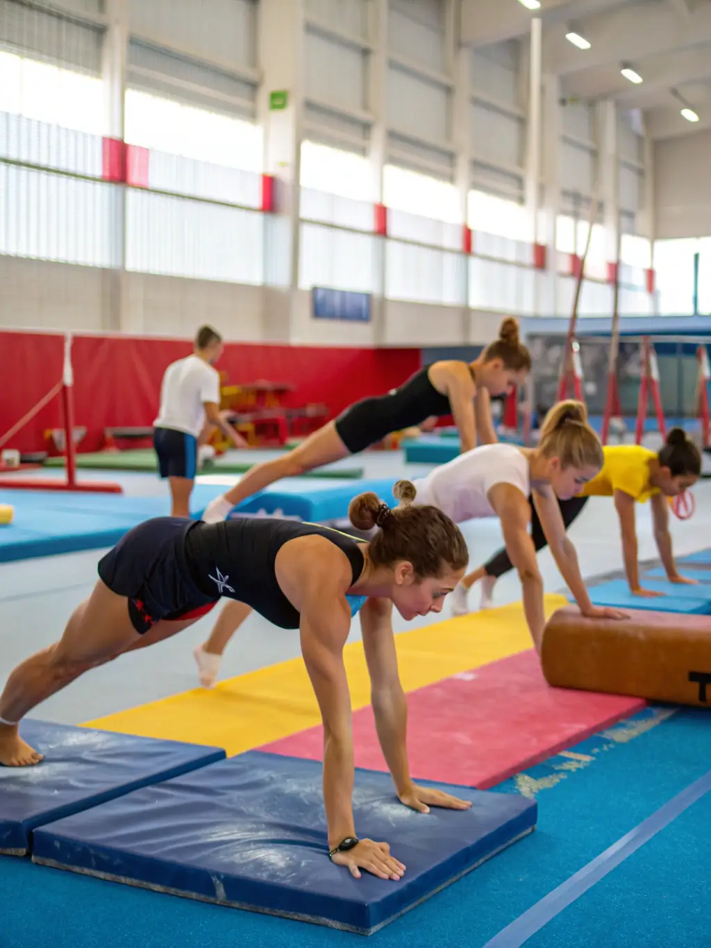 A group of gymnasts laughing and supporting each other during a training session, emphasizing the positive and encouraging atmosphere at AGVM.