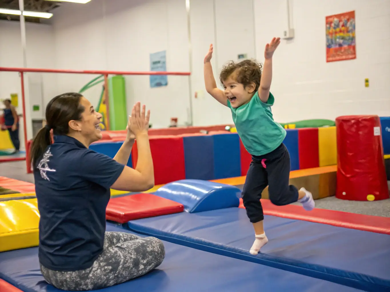 A dynamic image of children participating in a recreational gymnastics class, showcasing various activities such as tumbling, balancing, and jumping, all under the supervision of qualified instructors in a safe and colorful gym setting.