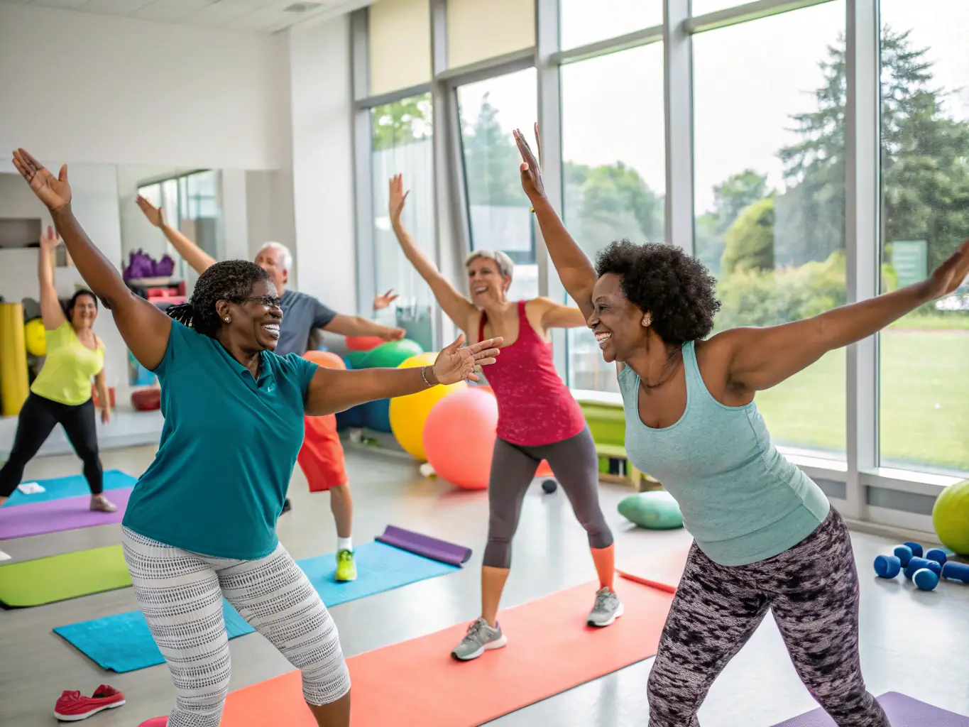 A photograph of adults participating in an adult gymnastics class, showing them working on strength exercises, flexibility training, and basic gymnastics skills with the support of a certified trainer.