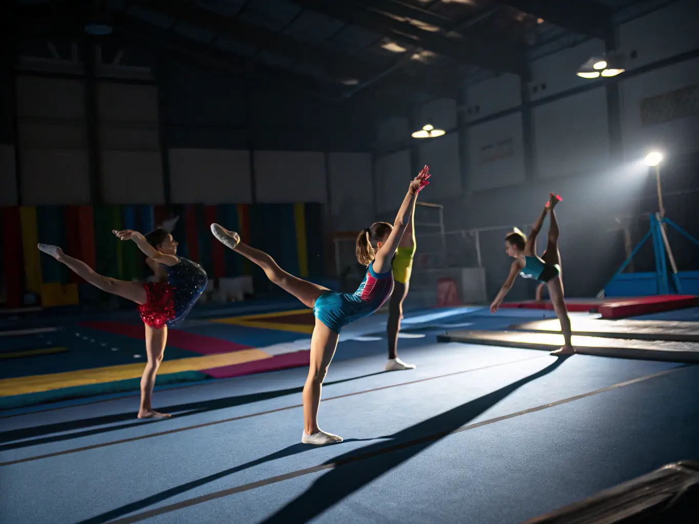An image of young gymnasts performing a synchronized routine on the balance beam, demonstrating precision, teamwork, and grace under the guidance of experienced coaches.