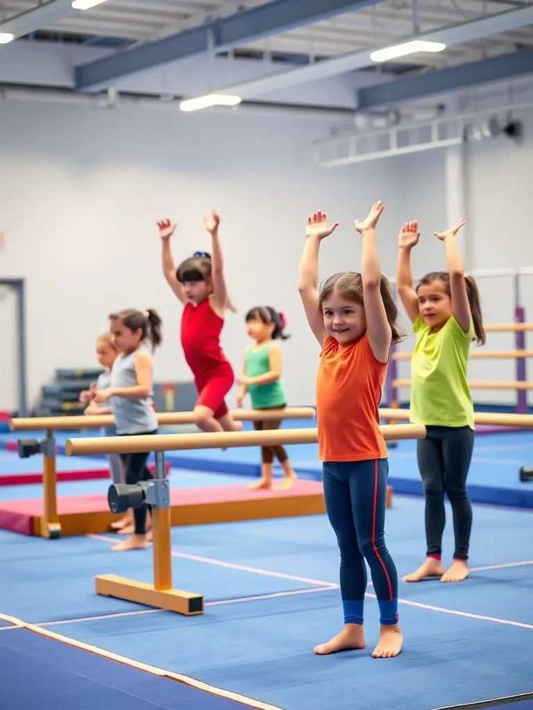 A diverse group of gymnasts of different ages and skill levels participating in a gymnastics class, highlighting AGVM's inclusive and welcoming environment.