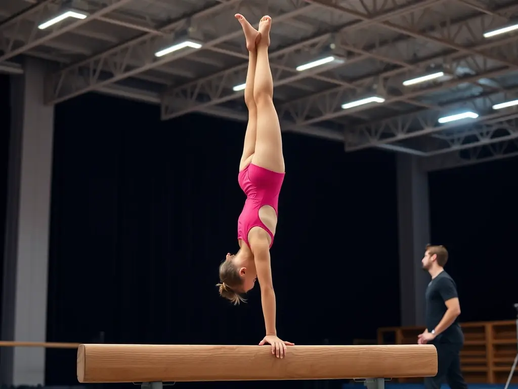 Teenagers practicing advanced gymnastics techniques on the balance beam, showcasing their agility, balance, and precision under the supervision of a qualified instructor.